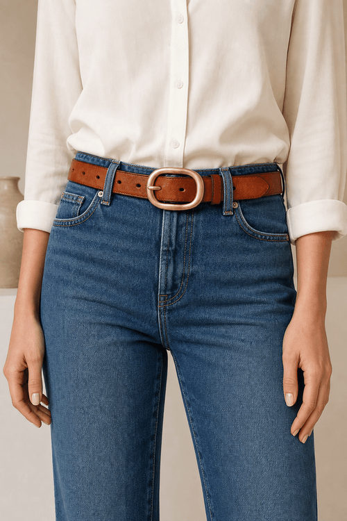 Brown women's fashion leather belt — model shot