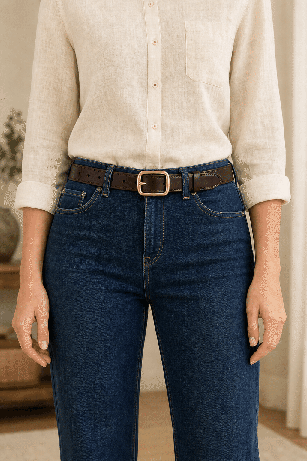 Woman wearing a dark brown stitched belt