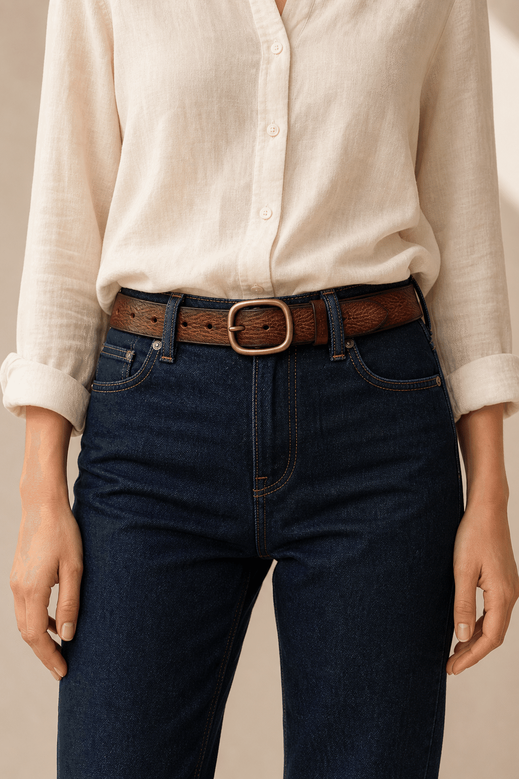 Brown women's minimalist leather belt — model shot