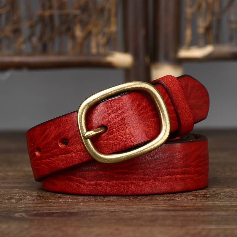 Red women's minimalist leather belt detail