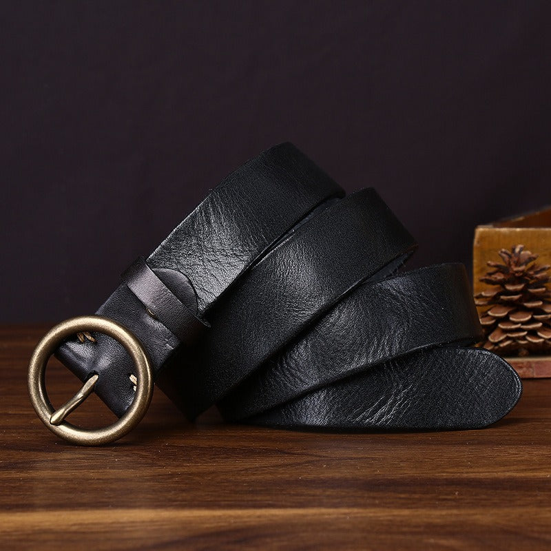 Black women's round buckle leather belt