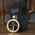 Black women's round buckle leather belt — detail