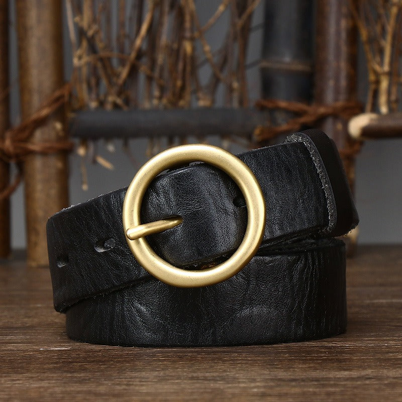 Black women's round buckle leather belt buckle