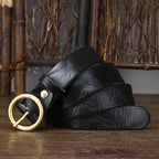 Black women's round buckle leather belt side view