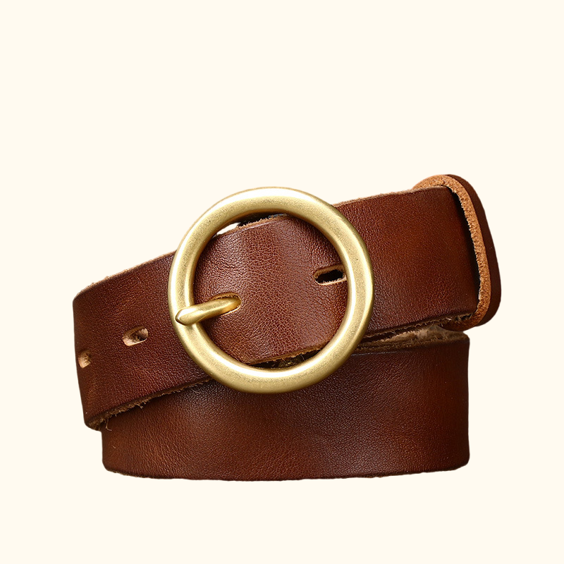 Brown women's round buckle leather belt — main