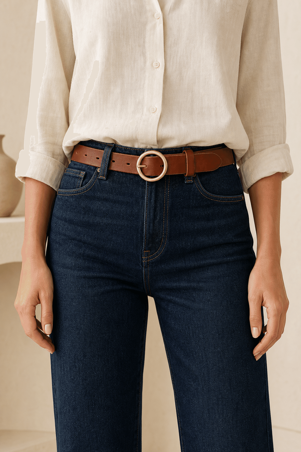 Brown women's round buckle leather belt — model shot