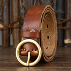 Brown women's round buckle leather belt — detail 3