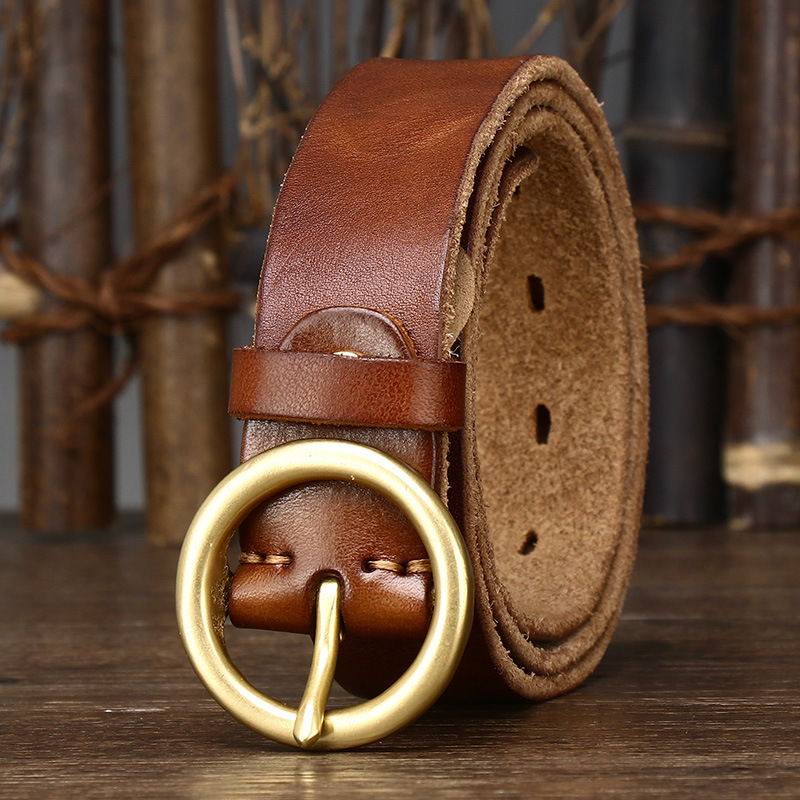 Brown women's round buckle leather belt — detail 3