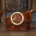 Brown women's round buckle leather belt — detail 4