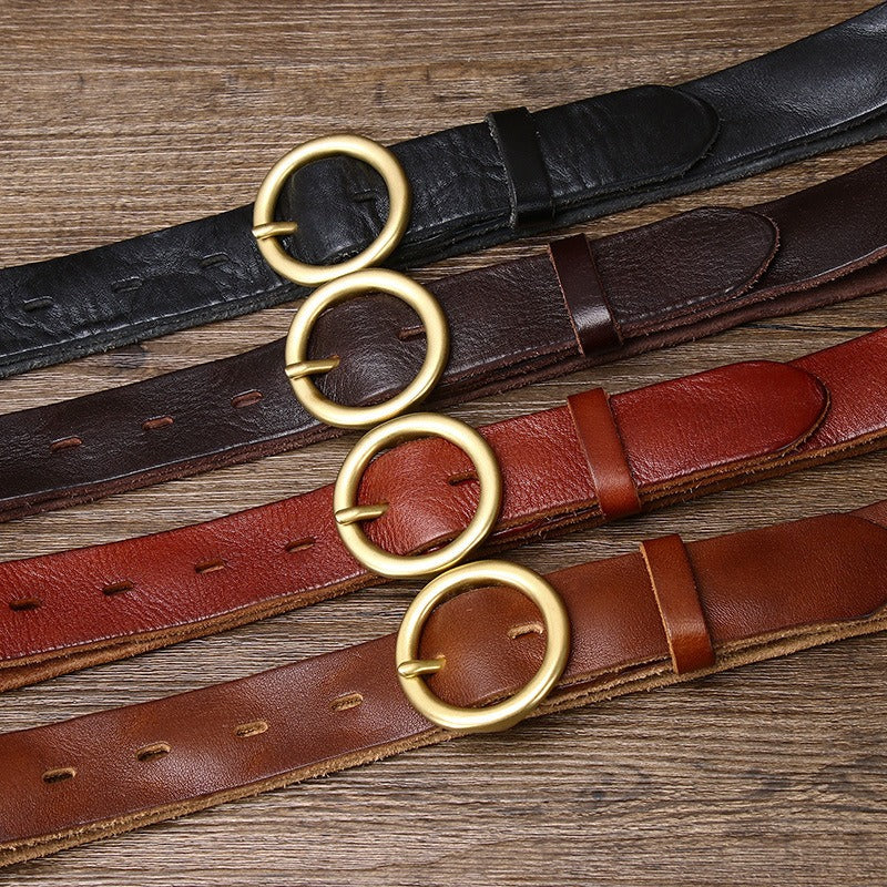 Brown women's round buckle leather belt — detail 5