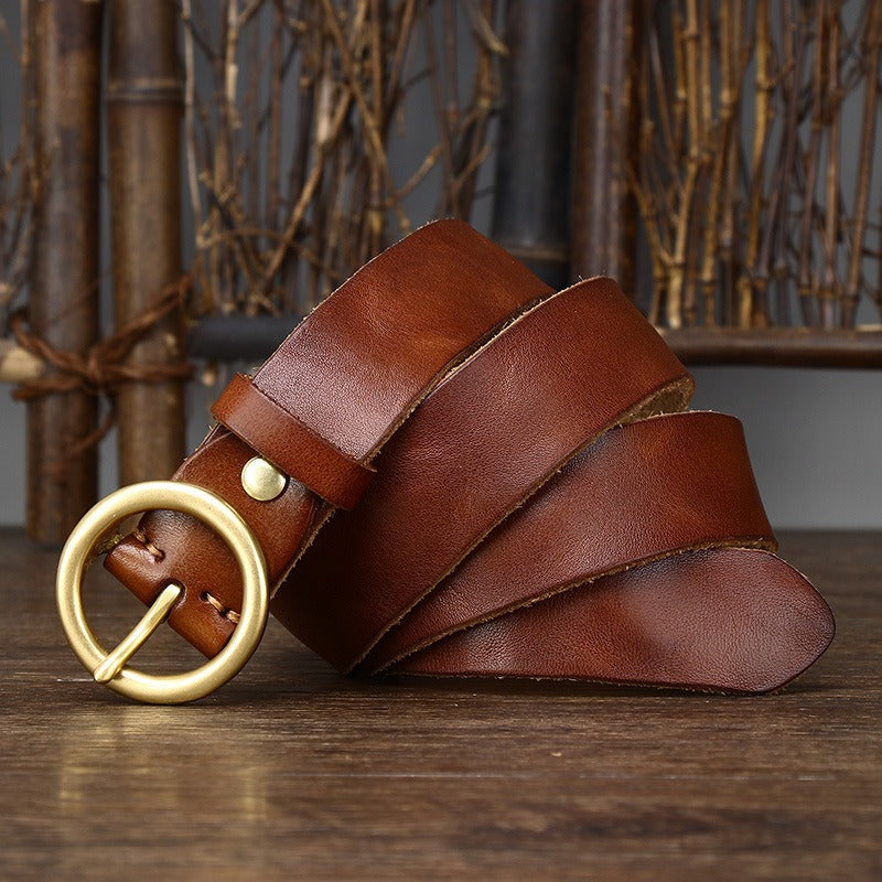 Brown women's round buckle leather belt — detail 6