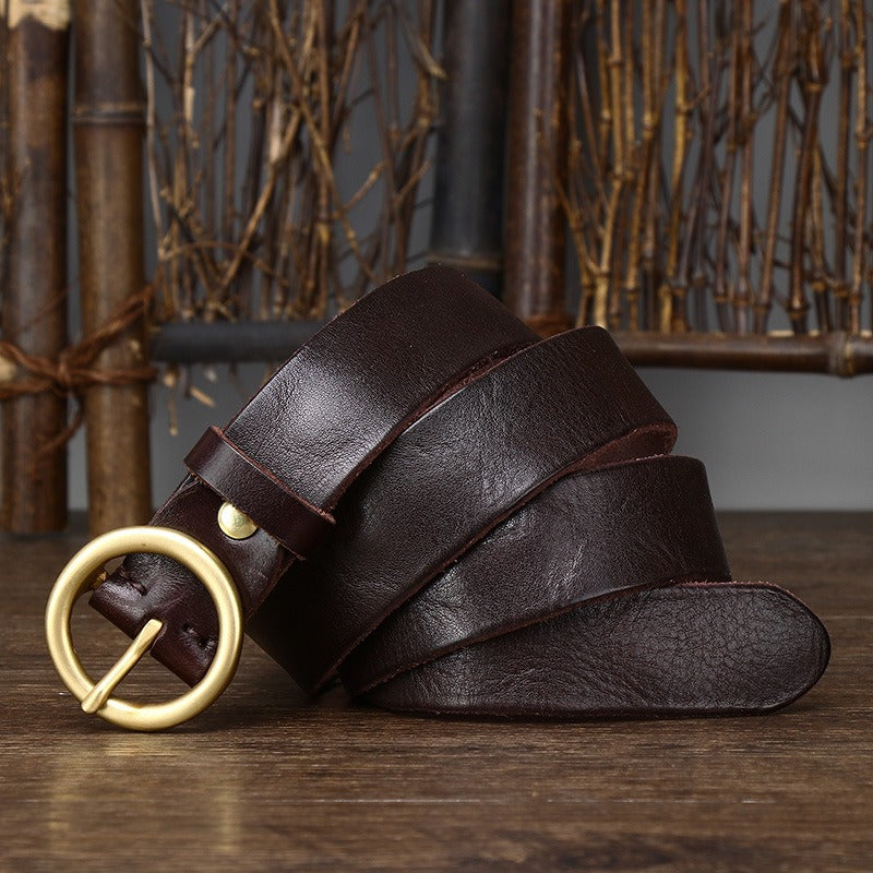 Dark brown women's round buckle leather belt side view