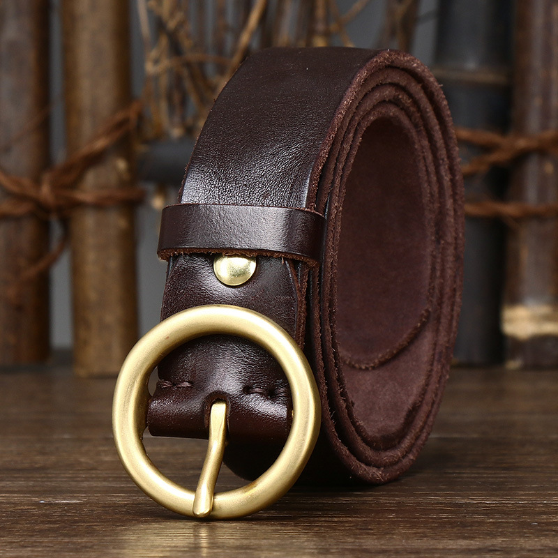 Dark brown women's round buckle leather belt — main