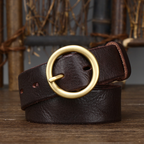Dark brown women's round buckle leather belt — detail