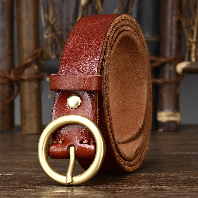 Red brown women's round buckle leather belt — main