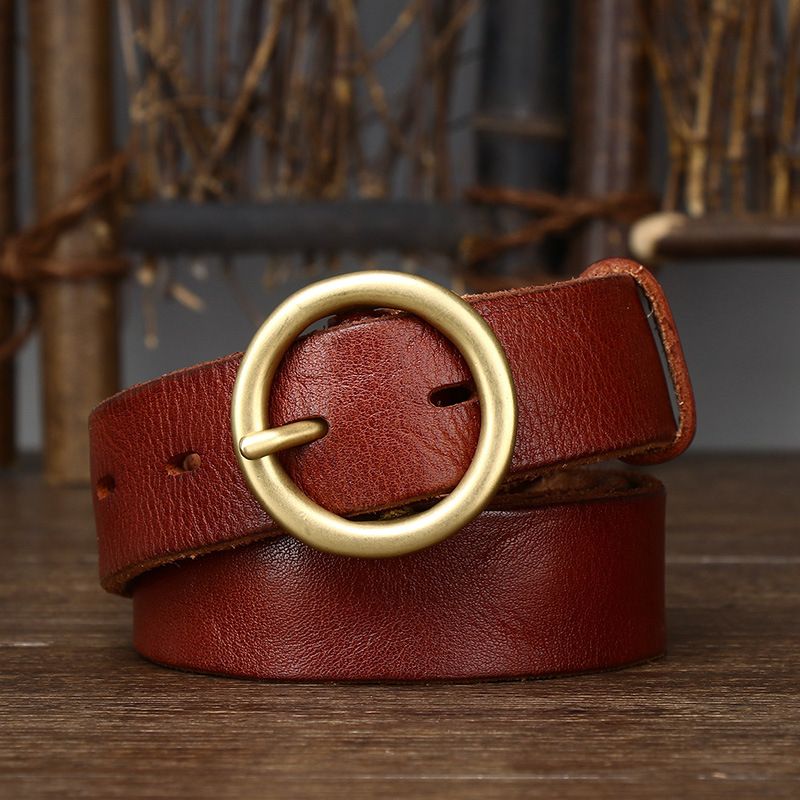 Red brown women's round buckle leather belt — detail