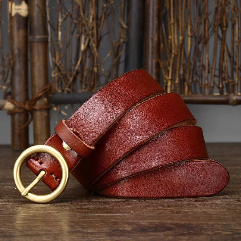 Red brown women's round buckle leather belt buckle