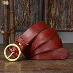 Red brown women's round buckle leather belt buckle
