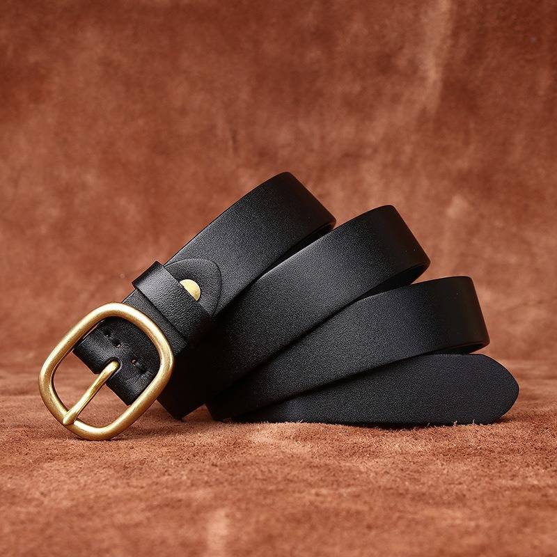 Black women's minimalist leather belt — side view