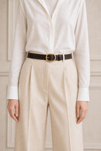 Dark brown women's minimalist leather belt — detail