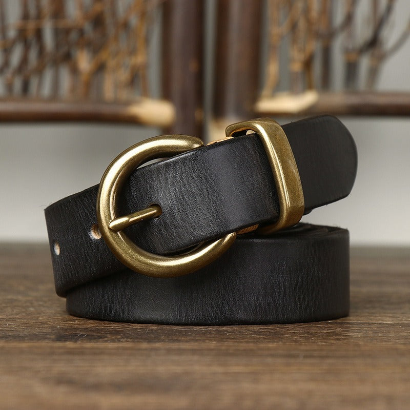 Black women's pleated round buckle leather belt