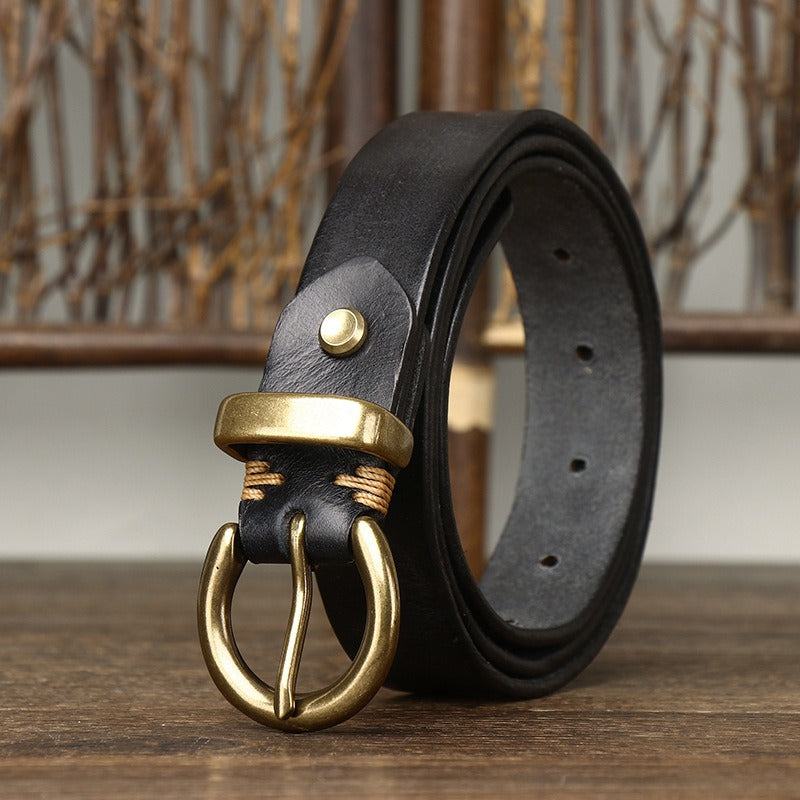 Black women's pleated round buckle leather belt detail