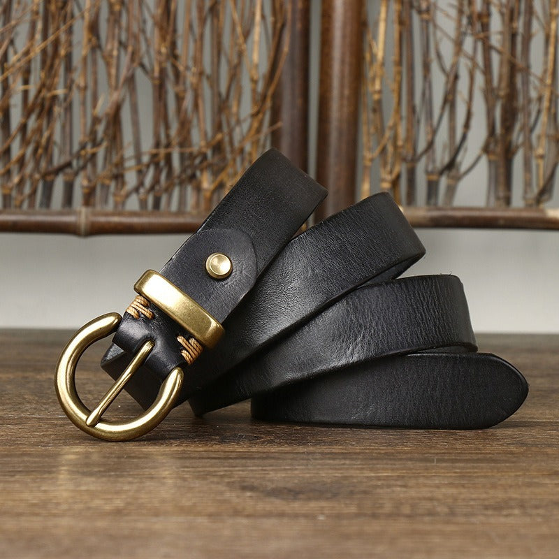 Black women's pleated round buckle leather belt buckle