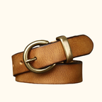 Brown women's pleated round buckle leather belt — main