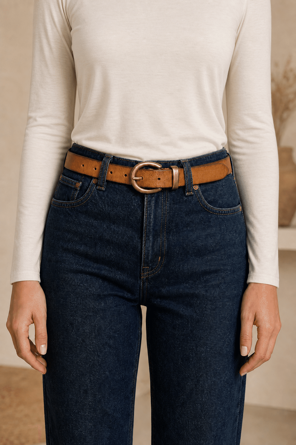 Brown women's pleated round buckle leather belt — model shot