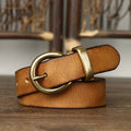 Brown women's pleated round buckle leather belt — detail 3