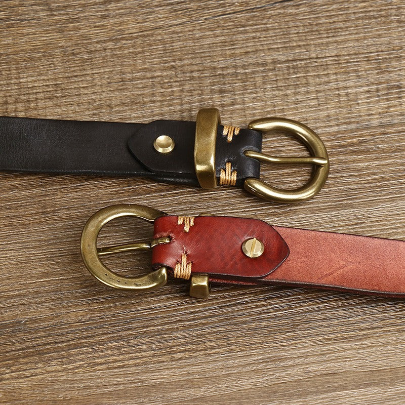 Brown women's pleated round buckle leather belt — detail 4