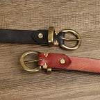 Brown women's pleated round buckle leather belt — detail 4