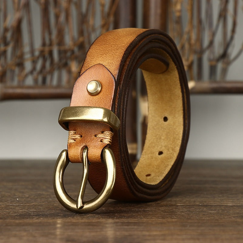 Brown women's pleated round buckle leather belt — detail 5