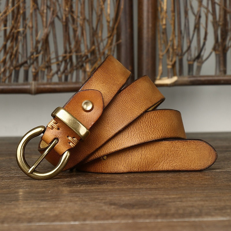 Brown women's pleated round buckle leather belt — detail 7