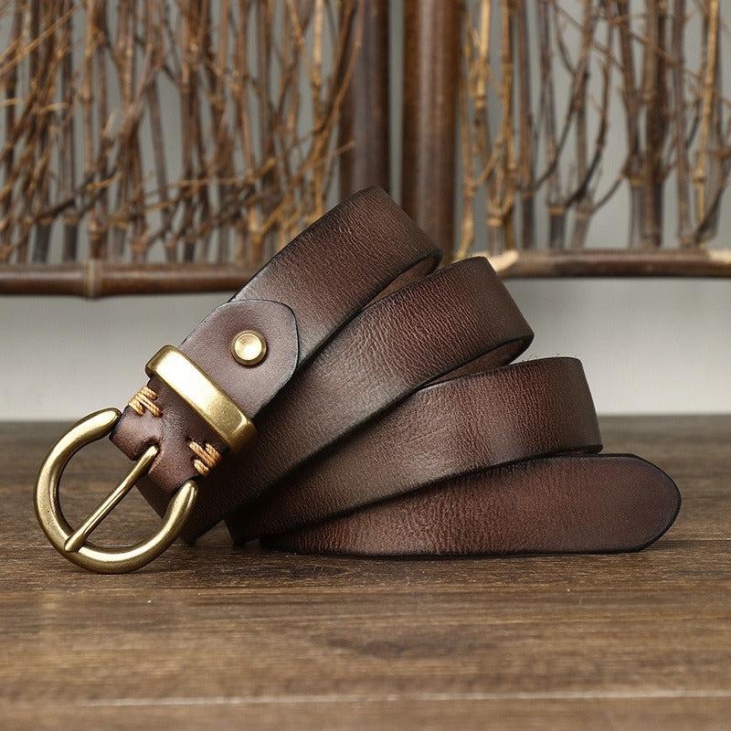 Dark brown women's pleated round buckle leather belt buckle