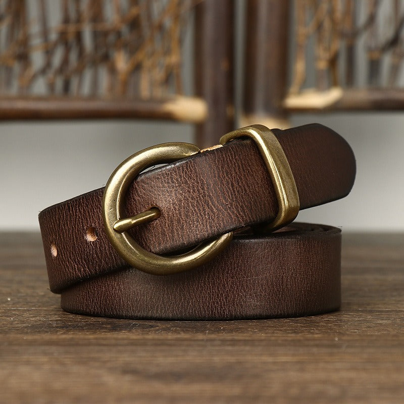 Dark brown women's pleated round buckle leather belt