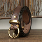 Dark brown women's pleated round buckle leather belt detail