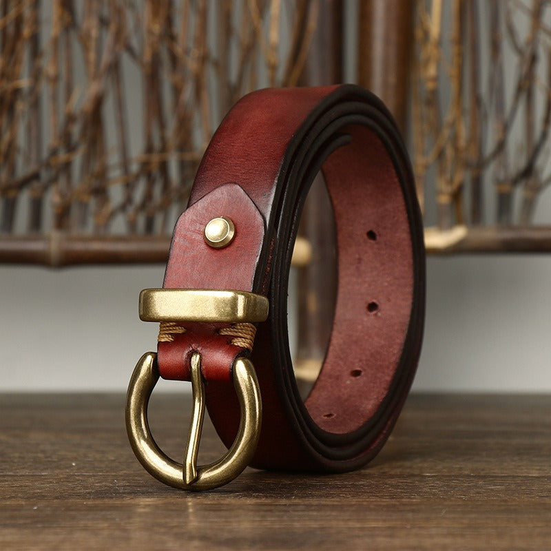 Red women's pleated round buckle leather belt