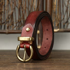 Red women's pleated round buckle leather belt