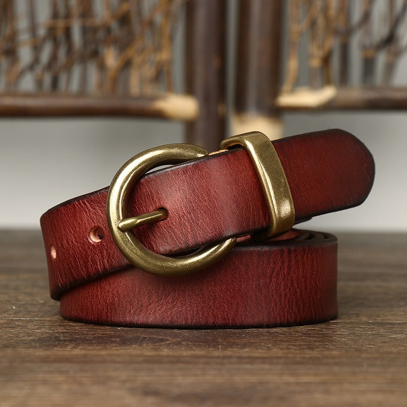 Red women's pleated round buckle leather belt detail