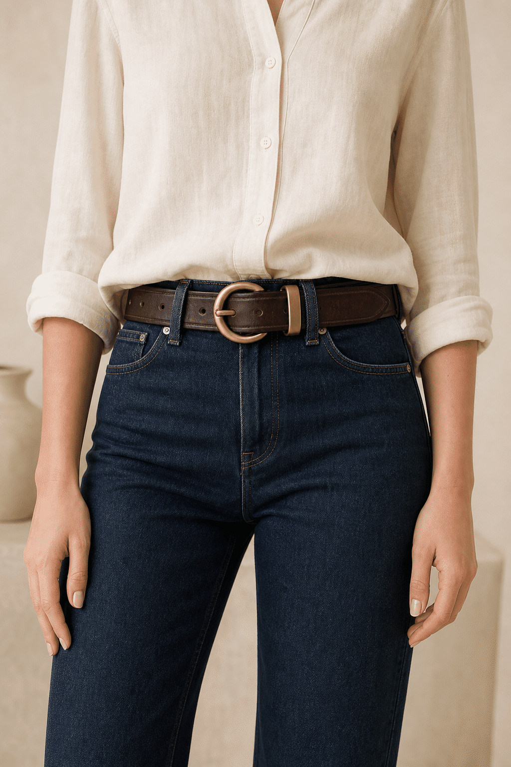 Dark brown women's round buckle jeans belt — model shot 1