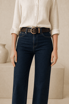 Dark brown women's round buckle jeans belt — model shot 2