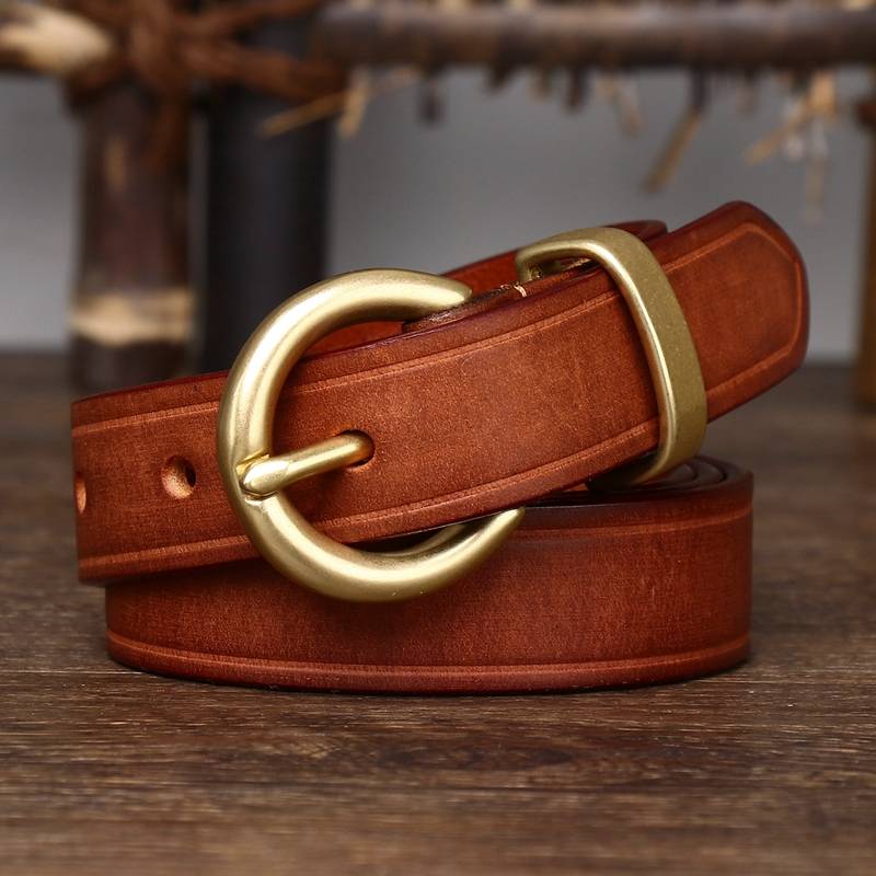 Red brown women's round buckle jeans belt