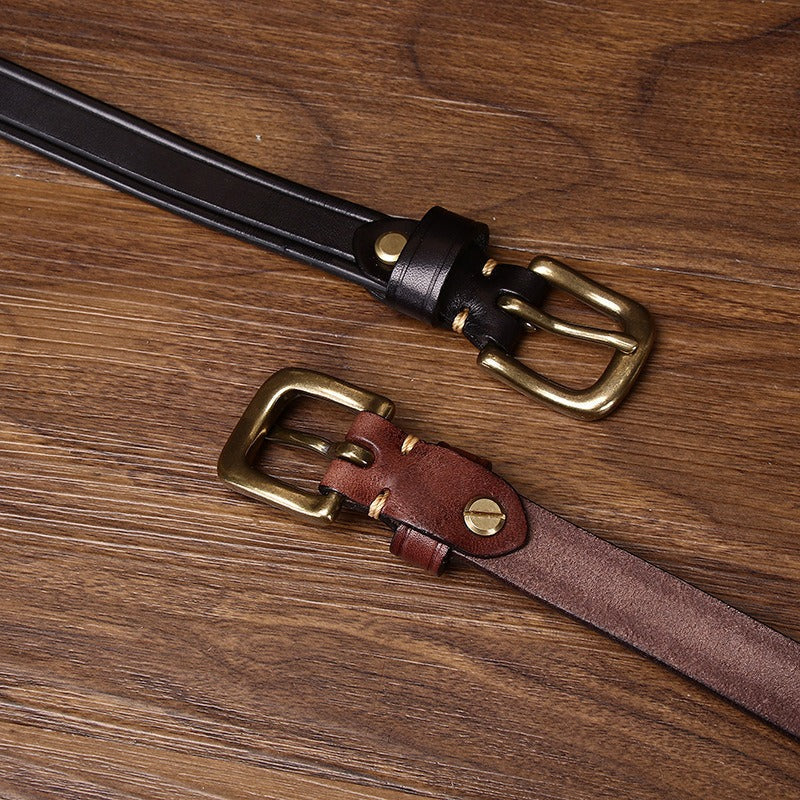 Dark brown women's belt, brass buckle