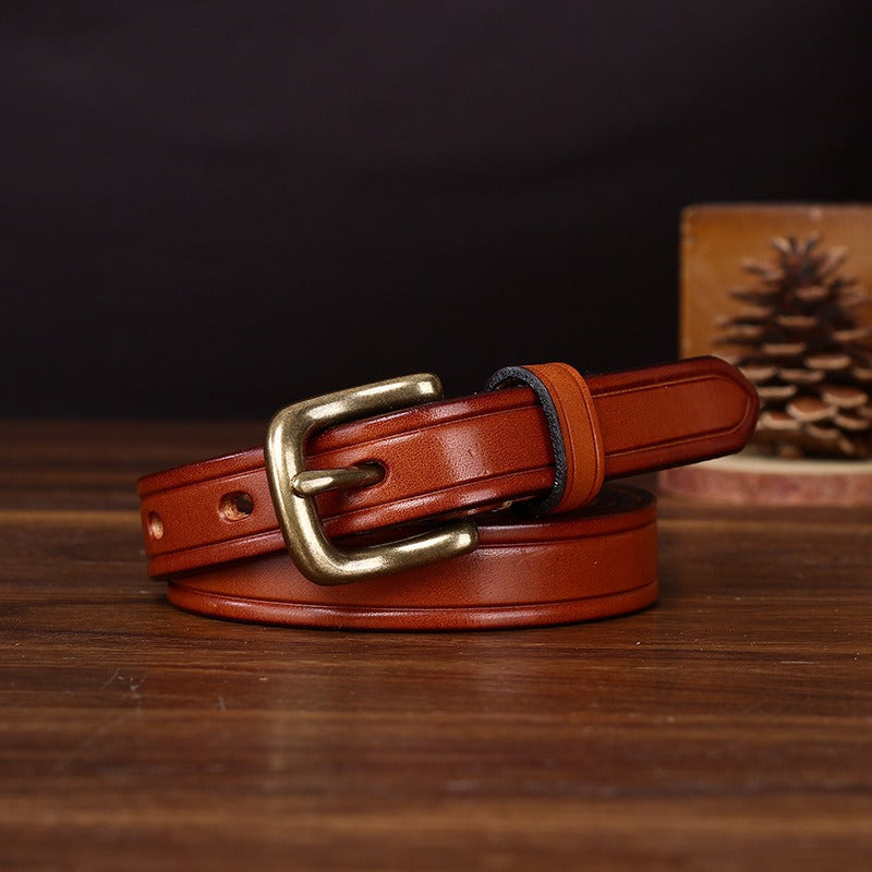 Red brown women's belt, brass buckle