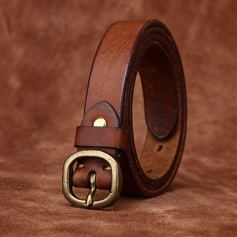 Brown women's slim leather belt — detail 3