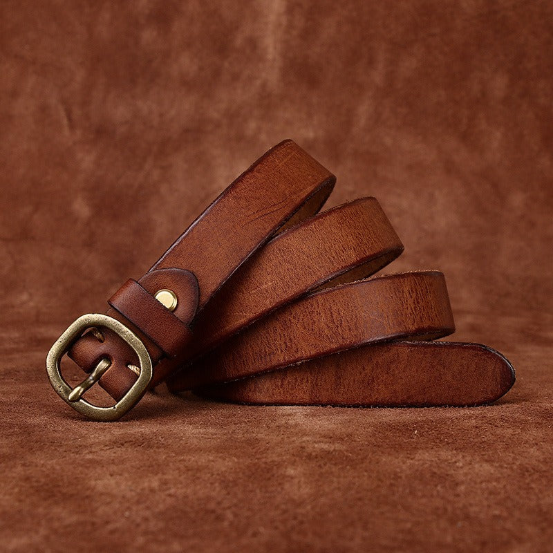 Brown women's slim leather belt — side view