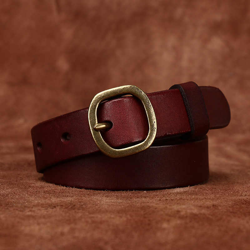 Red women's slim leather belt — buckle
