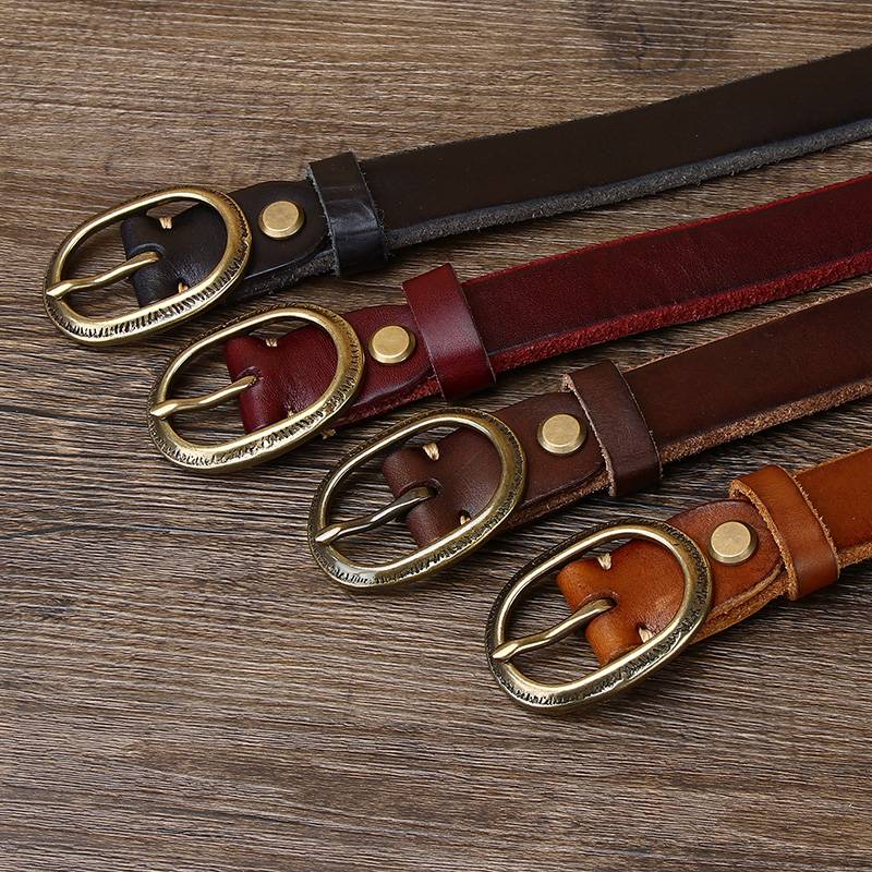 Brown women's thick jeans leather belt — detail 2