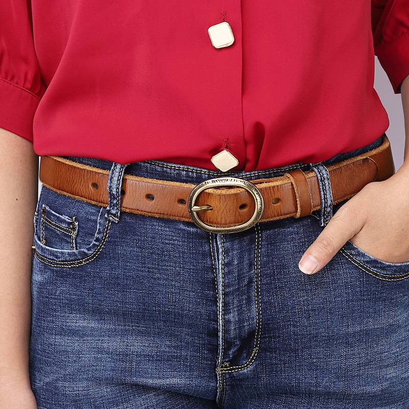 Brown women's thick jeans leather belt — detail 7